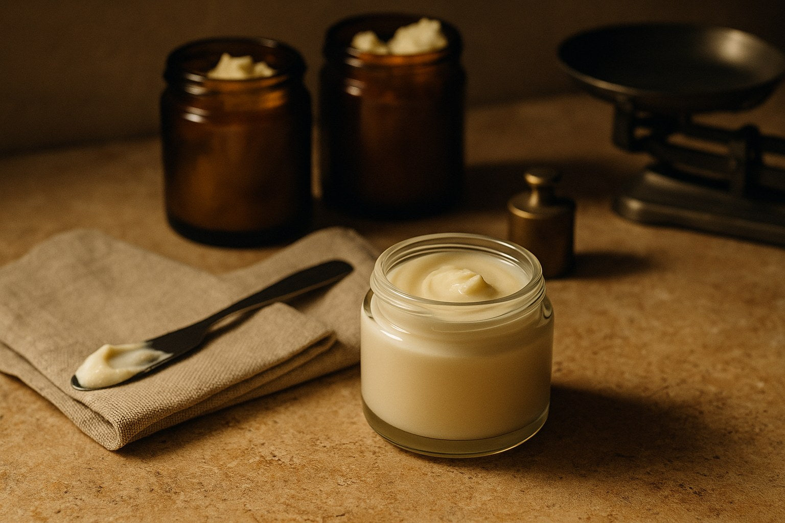 The bench the cream is made on: an open jar, a spatula with cream on the blade, a scale and two jars of raw butters