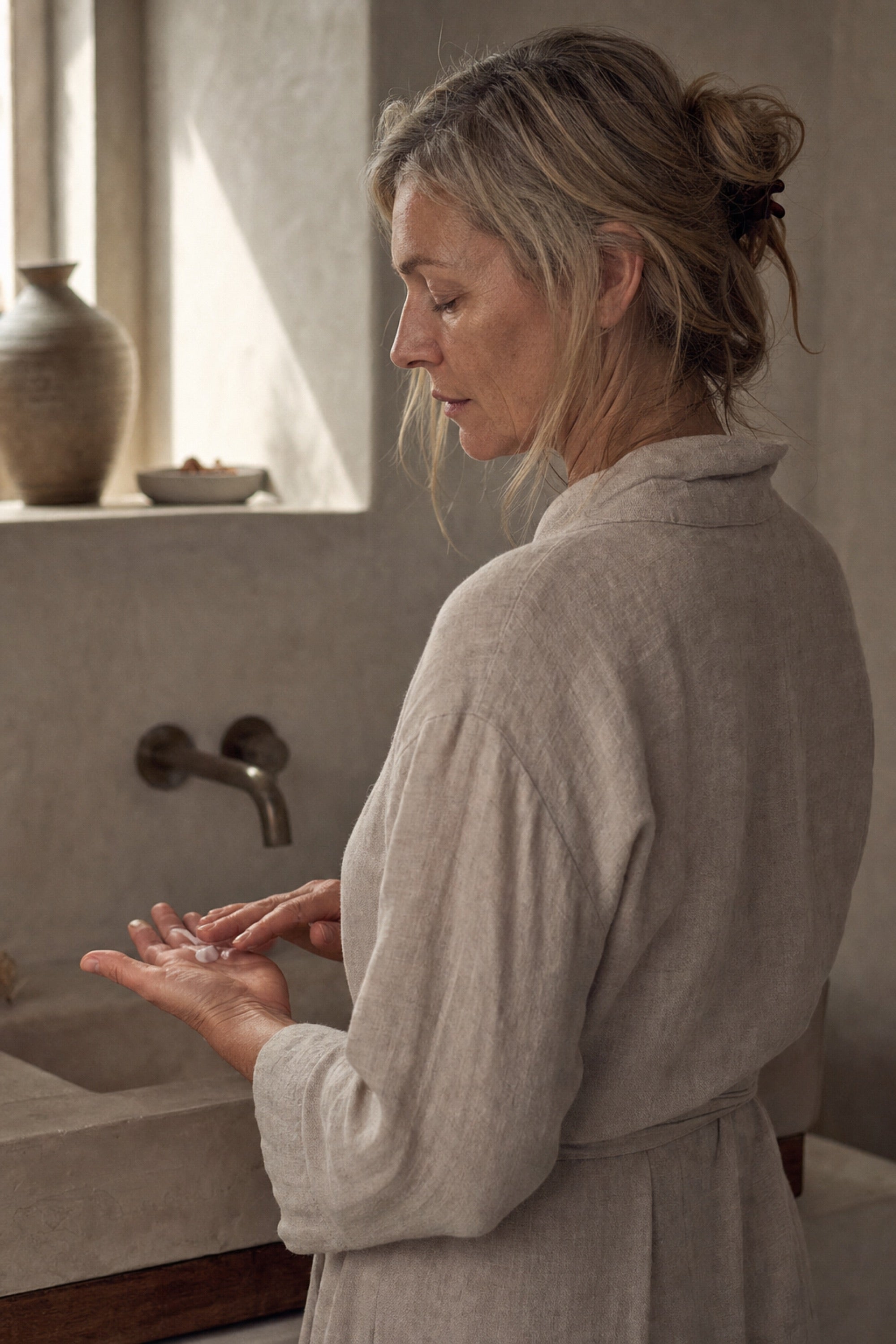 A woman warming the cream between her fingertips